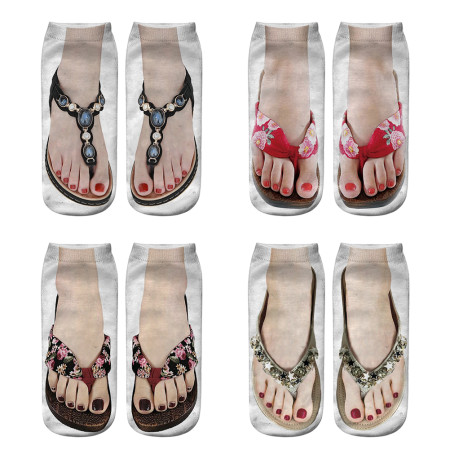 4 Pairs Funny Flip Flop Manicure Print 3D Pattern Ankle Socks