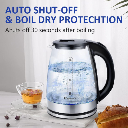 Electric Kettle Water Boiler - Fast Boil 1.8L Glass & Steel with LED